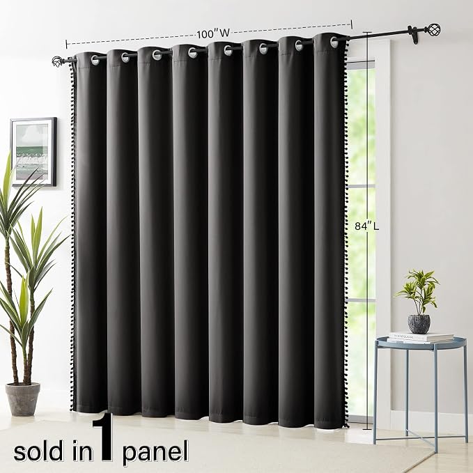 Sliding Door Curtains Black with Pom Poms 100% Full Blackout Curtain Panels for Living Room Bedroom Room Divider Energy Efficient Extra Wide Window Drapes Grommet Top 100"W x 84"L 1 Panel