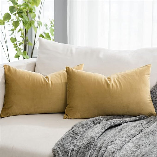 Khaki Decorative Lumbar Velvet Throw Pillow Covers 16x24 inch Set of 2 with Zipper Luxury Soft Solid Rectangle Cushion Covers Case for Sofa Couch Bed Living Room