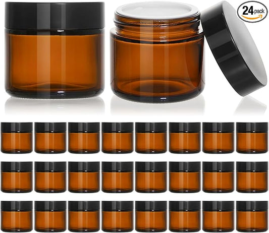KEYWING 2 oz Amber Glass Jars with Black Lids, 24 Pack Small Cosmetic Jars, Round Empty Sample Container with Inner Liners for Lotions, Cream, Powders and Ointments