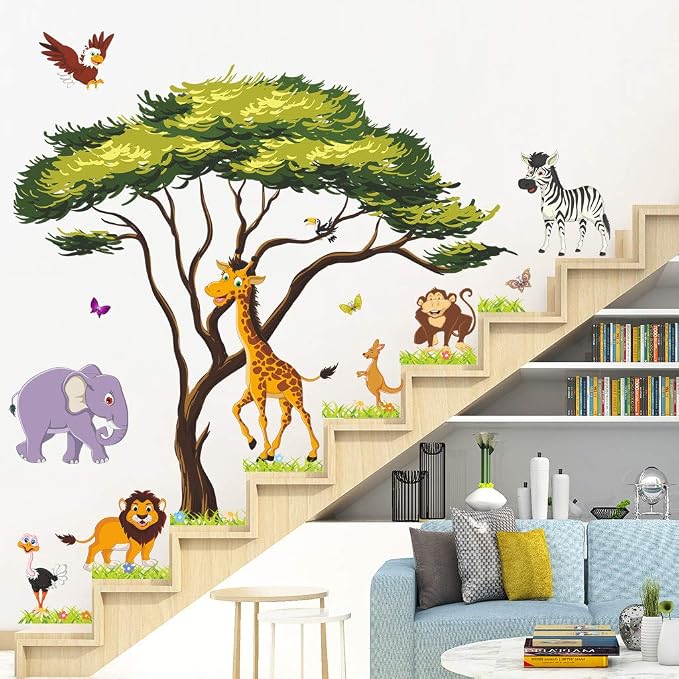 Amaonm Giant Jungle Animal and Tree Wall Decals Removeable DIY Flower Lion Giraffe Monkey Wall Sticker Peel and Stick Wall Decor for Baby Boys Nursery Kids Room Bedroom Living Room Classroom