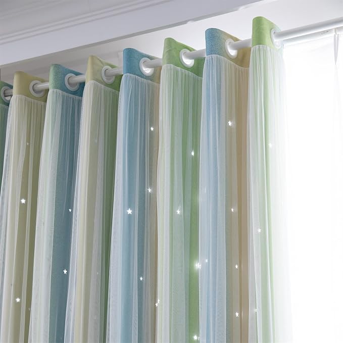Yellow Green Blackout Curtains 96 inches Long for Kids Rooms 2 Panels, Privacy Light Filtering Cute Drapes, Thick Grommet Nursery Star Princess Curtains for Glass Door Bedroom