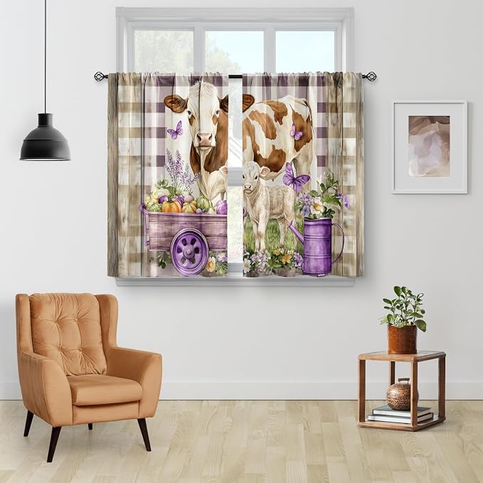 Dairy Cow Farm Harvest Kitchen Curtains - Country Rustic Farmhouse Short Cafe Curtains Decor for Dining Room Tier Curtains Over Sink Rod Pocket Window Drapes 24 Inch Length 2 Panels Set, 28"x24"