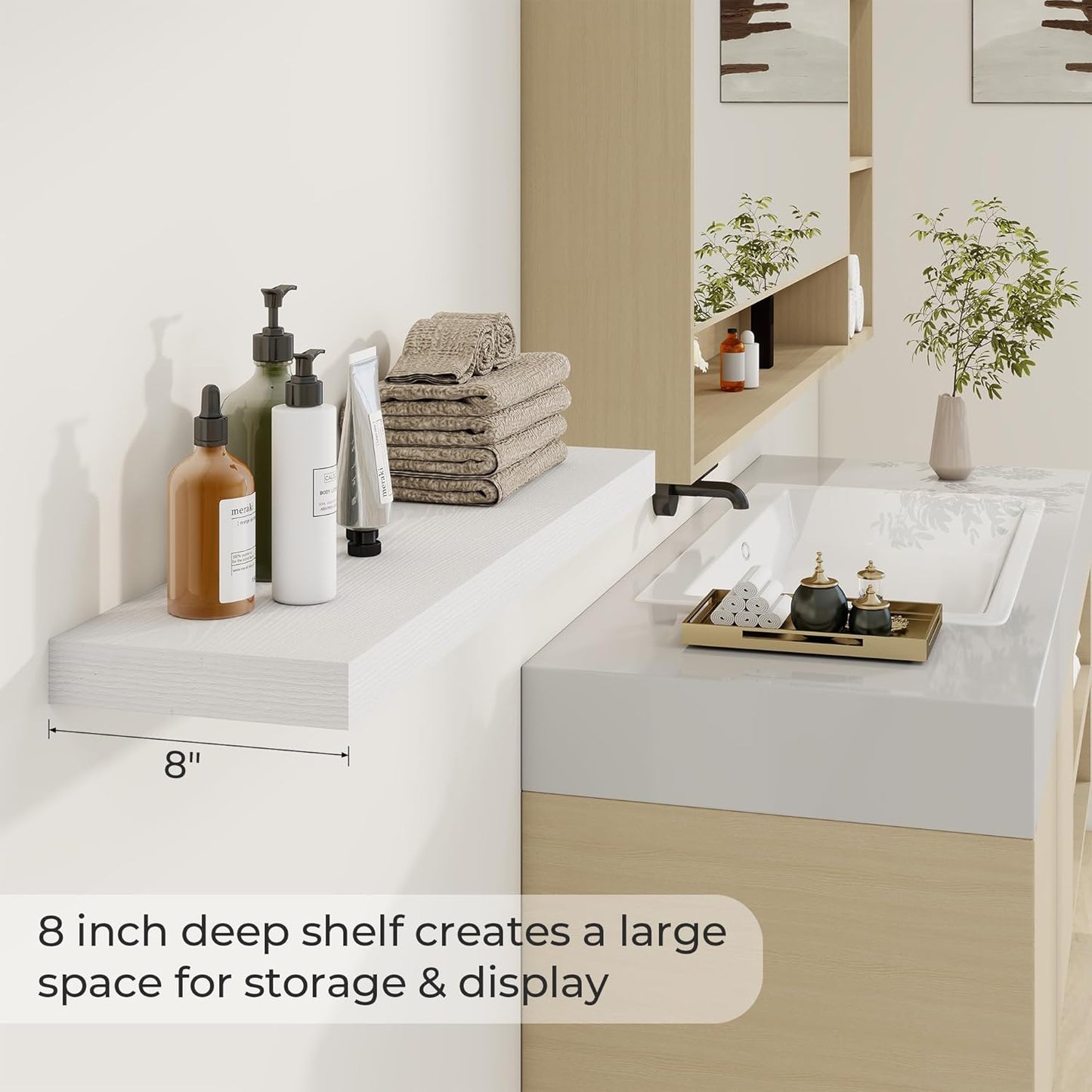 36 inch Floating Shelves Wall Shelves for Office with Invisible Brackets, 8 inch Deep Shelves for Bathroom, Living Room, Kitchen, Office, 36x7.9 inch deep Set of 2, White