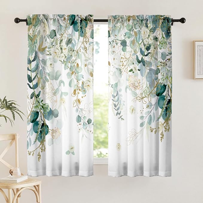 Green Eucalyptus Leaves Curtains 63 Inch Length 2 Panels, Elegant Wild Flower Floral Light Filtering Bedroom Living Room Kitchen Curtain for Small Window, Sage Green Drapes Rod Pockets, 42x63 Inches