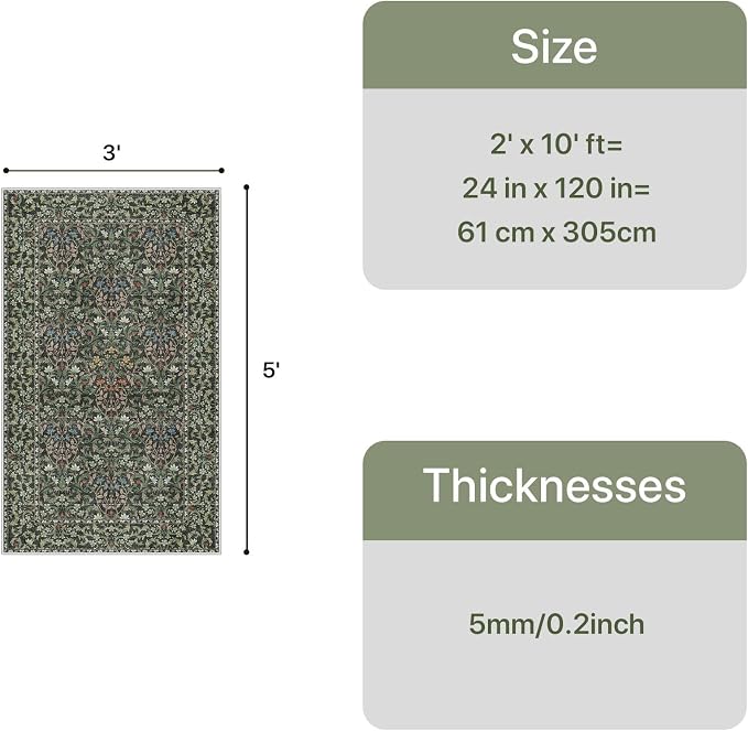 GENIMO 3x5 Washable Entryway Rug, Non Slip Bedroom Mat, Emerald Green | Vintage Boho Floral Low Pile Thin Carpet for Bedroom, Dining Room, Nursery, Indoor Decor