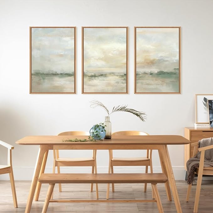 LHIUEM Large Abstract Green Gray Pastel Framed Canvas Wall Art,Neutral Landscape Wall Decor,Modern Watercolor Lake Artwork,Beige Textured Illustrations Art for Living Room,Bedroom,Office- 24"x36"x3