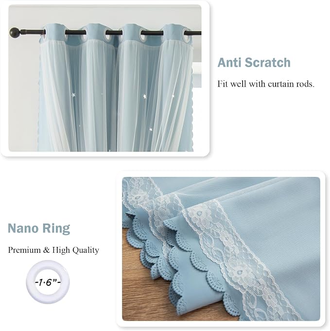 2 Panels Blue Star Blackout Curtains 102 Inches Long, Privacy Light Filtering Cute Drapes for Kids Bedroom, Thick Grommet Double Layer Nursery Princess Curtains for Glass Door (52"W x 102"L)