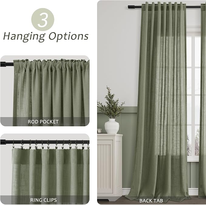 Linen Blend Green Curtains 84 Inches Long 2 Panels for Living Room Back Tab Pocket Light Filtering Sheer Privacy Olive Green Window Curtain Aesthetic Neutral Decor Muted Earthy Tone Drapery Bedroom