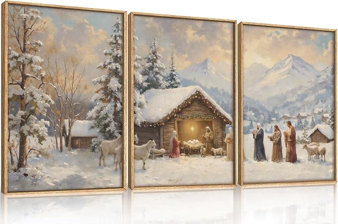 HOURIA Vintage Christmas Nativity Framed Canvas Wall Art Set, Religious Christian Birth of Jesus Biblical Wall Decor, Winter Snowy Landscape Artwork for Living Room,Church,Xmas 16 x24 x3