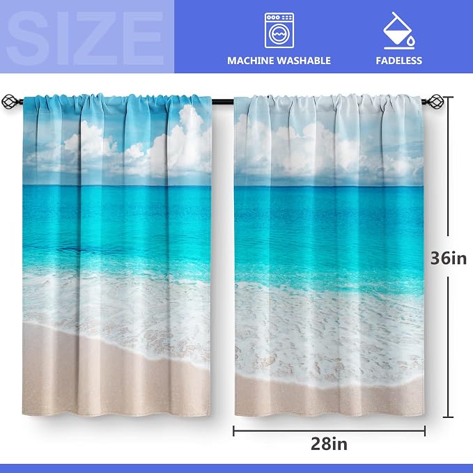 Beach Ocean Kitchen Cafe Curtains - Blue Sea Theme Decor for Living Dining Room Tier Bathroom - Rustic Country Room Darkening Rod Pocket Window Drapes 28x36 Set