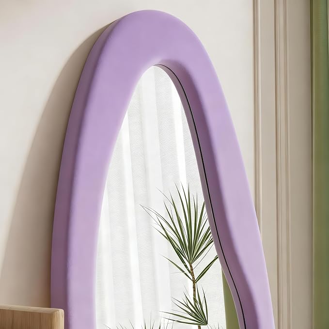 Dewfig Full Length Mirror, 63" x 24"Irregular Mirror, Large Floor Length Mirrors Wall Mounted, Standing Mirrors with Flannel Wrapped Wooden Frame for Bedroom/Living Room, Purple