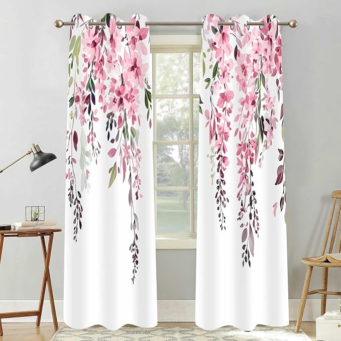 Pink Watercolor Floral Curtains, Botanical Leaves Vine Flowers Curtain, Rustic Farmhouse Flower Leaf Blackout Window Treatment Drapes for Bedroom Living Room 52x90 inch, 2 Panels