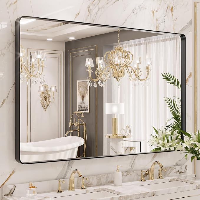 LOAAO 55X36 Inch Black Metal Framed Bathroom Mirror for Wall, Matte Black Bathroom Vanity Mirror Farmhouse, Large Rounded Rectangle Mirror, Anti-Rust, Tempered Glass, Hangs Horizontally or Vertically