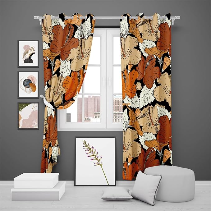 Floral Blackout Curtains 84 Inch Length 2 Panels Rustic Vintage Hibiscus Flowers Orange and Yellow Print Thermal Insulated Darkening Drapes Window Treatment for Bedroom Living Room 52x84 Inch