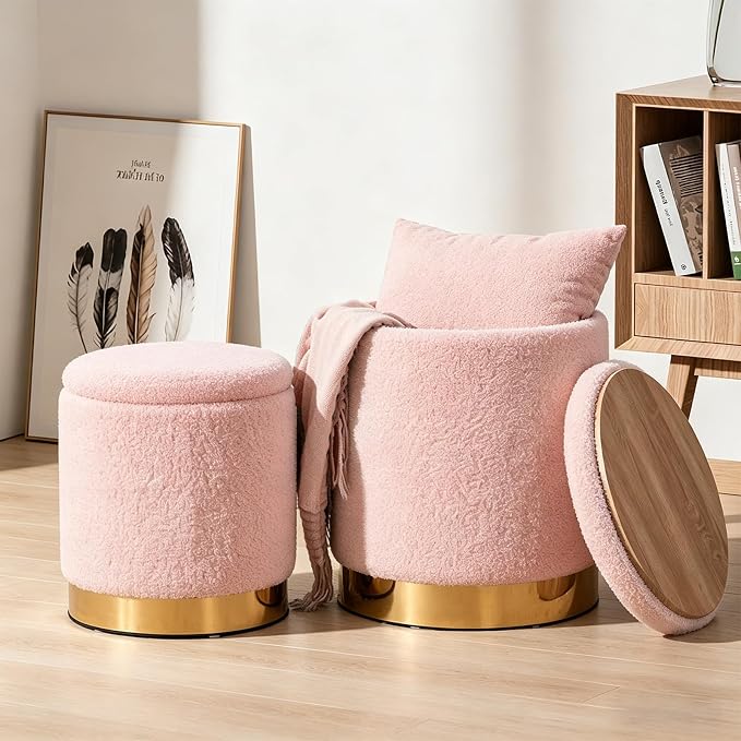 Round Ottoman with Storage Set of 2 Vanity Stool Small Ottoman Coffee Table, Foot Stool, Removable Lid, Vanity Chair for Living Room, Bedroom, Hallway, Assembly Free (Pink)