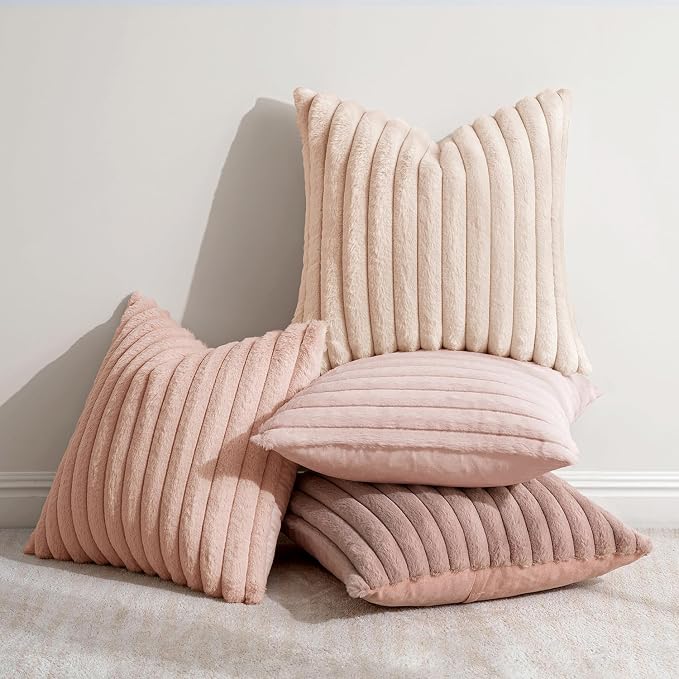 MIULEE Faux Fur Plush Decorative Throw Pillow Covers 16x16 Set of 4, Valentine's Day Cute Modern Soft Romantic Fuzzy Striped Cushion Covers for Sofa Couch Bed Living Room Cozy Home Decor,Pink