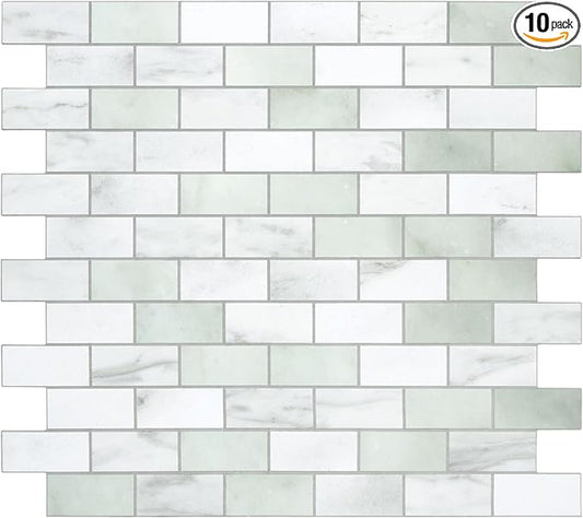 10-Sheet Subway Peel and Stick Backsplash Tile, 11.3" x 10.8" Emerald Green Stone Composite Marble Looks Self Adhesive Waterproof Wall Tile, Stick on Tiles for Kitchen Bathroom Shower Fireplace