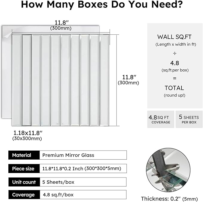 Diflart Mirror Peel and Stick Tile, 1.8 x 11.8 Inch, Beveled Mirror Strip Backsplash Tiles for Kitchen Bathroom Bar Accent Wall, Pack of 5 Sheets (Silver, 1.18x11.8 Inch)