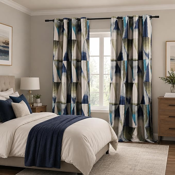 Leeva Window Curtains for Bedroom, Heavy Modern Style Geometric Blue Thermal Insulated Room Darkening Blackout Drapes for Living Room, 2 Panels, 52x84