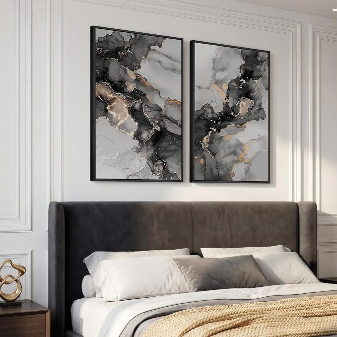 Framed Abstract Black and Gold Wall Art for Living Room, Set of 2 Large Modern Canvas Paintings Prints, Contemporary Marble Motifs Picture Artwork for Bedroom Office Hallway Wall Decor, 24x36 Inch