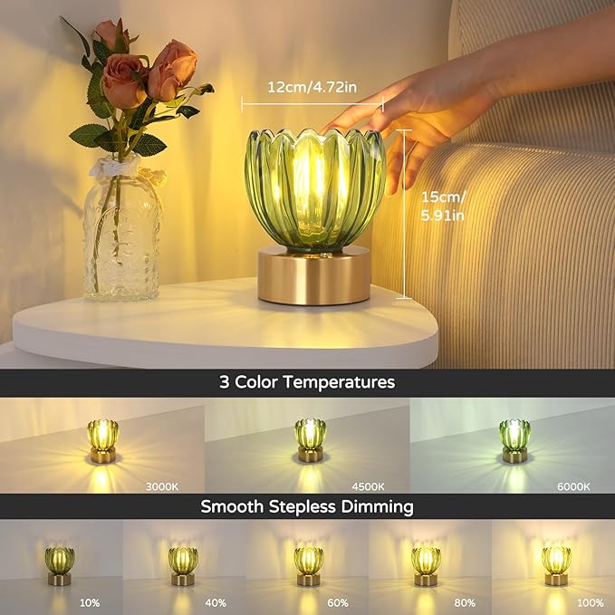 Shenmoyl Cordless Small Table Lamp with 5200mAh Battery & Touch Control, Battery Operated Tulip Table Lamp with 3 Colors, Rechargeable Mini Table Lamps for Bedsides, Bedroom, Nightstand (Green)