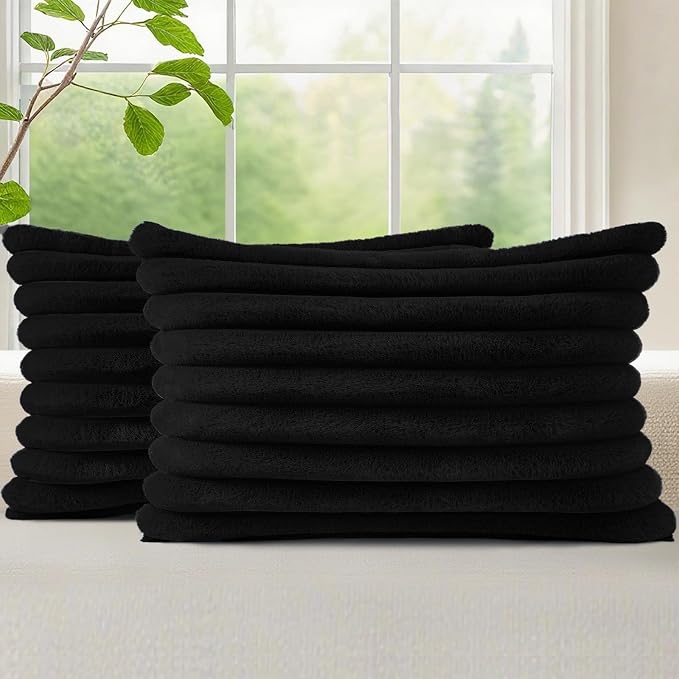 decorUhome Fall Cozy Faux Fur Throw Pillow Covers 12x20 Set of 2 Decorative Soft Plush Striped Lumbar Modern Farmhouse Boho Couch Pillow Cases with Velvet Back for Sofa Bed Living Room, Black