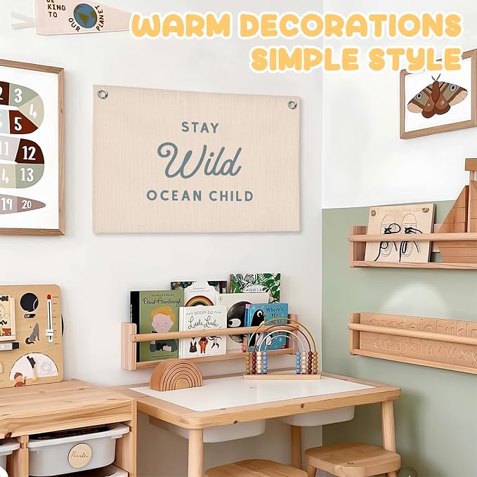 Ocean Nursery Decor, Stay Wild Ocean Child Wall Linen Canvas Banner, Coastal Beach Wall Decor for Kids Boys Girls Toddler Nursery Room Bedroom Playroom 30x20 Inch