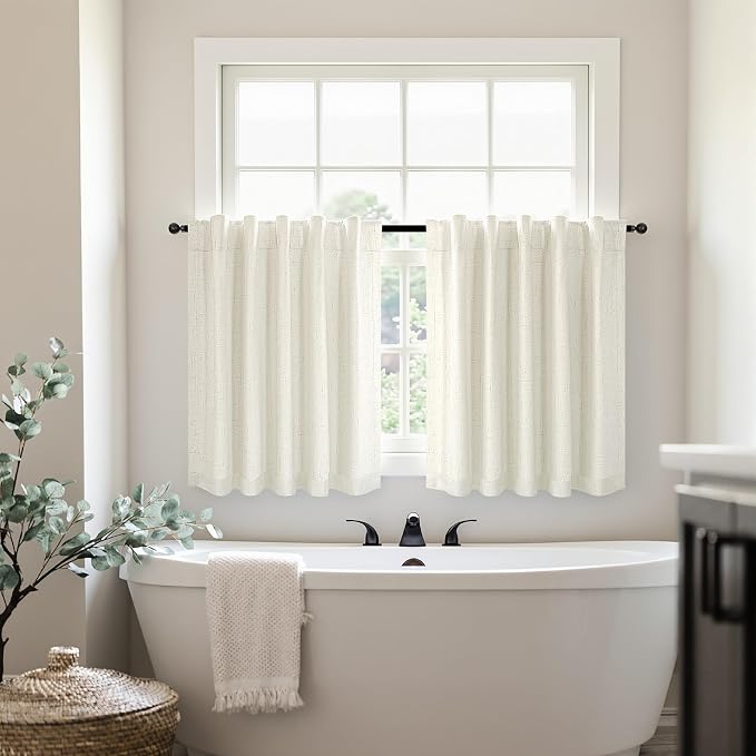 Pitalk Short Linen Blackout Curtains 30 Inch Length for Kitchen Windows Over Sink 42" Wide Cream Ivory Linen Textured Thermal Cafe Drapes for Bedroom Bathroom Back Tab Rod Pocket 2 Panels 42 x 30 Inch