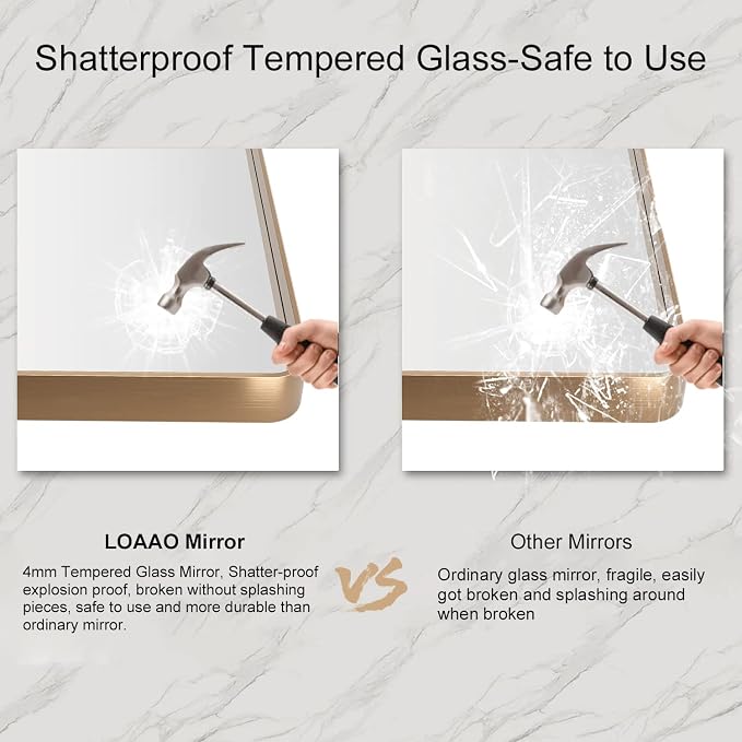 LOAAO 48”X32” Gold Bathroom Mirror, Rounded Rectangle Gold Frame Mirror, Brushed Gold Bathroom Vanity Mirror Wall-Mounted, Anti-Rust, Tempered Glass, Hangs Horizontally or Vertically