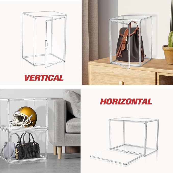 5 Pack XXX-Large Acrylic Handbag Organizer 17.7''x13''x13'' Tall Boots Storage Organizer Clear Big Display Case with Dustproof Magnetic Lid Stackable Plastic Box for Shoes, Helmet, Boots, Figures