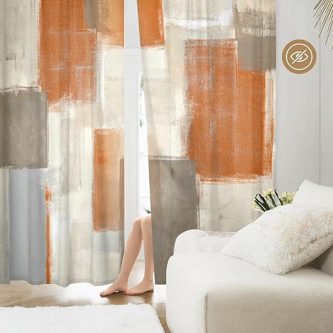 Orange Grey Curtains for Living Room Multicolor Checkered Curtains 63 Inch Length 2 Panels Set, Abstract Geometry Art Window Curtains Bedroom Drapes Rod Pocket