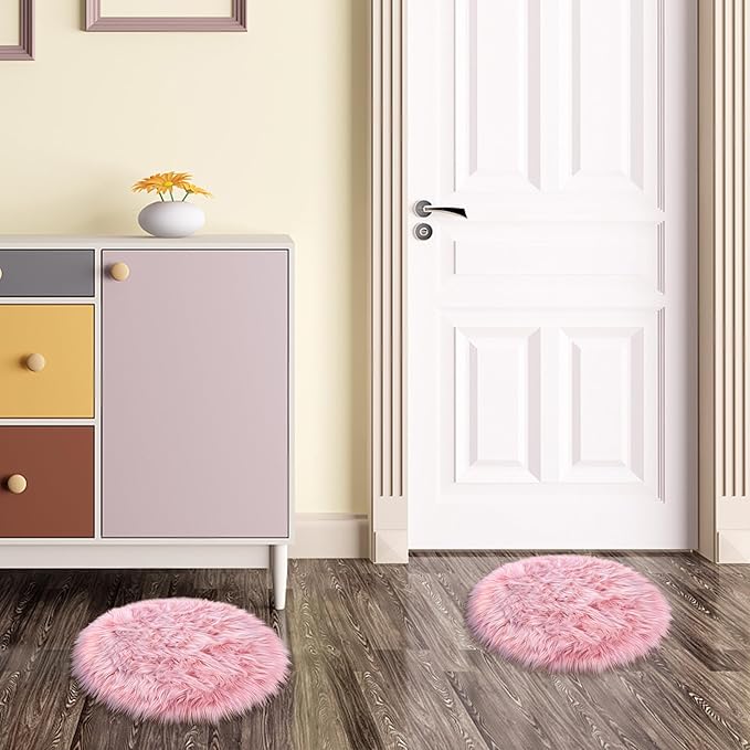 15.7 Inches Mini Pink Round Faux Fur Sheepskin Area Rug, Fluffy Small Circle Rugs Cushion for Chair, Furry Carpet for Nail Desk, Shaggy Circular Rug Plush Rug