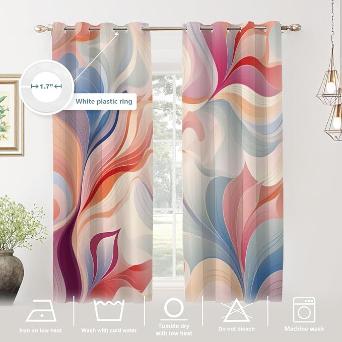 Shrahala Colorful Waves Blackout Window Curtains, Fluid Abstract Pattern Thermal Insulated Curtains Grommet Long Drapes for Bedroom,Living Room (2 Panels, 52 X 63 in)
