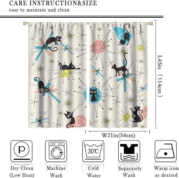 JESTRONRY Mid Century Curtains, Black Cat Atomic Stars Abstract Geometric Vintage Kitty Animal Room Darkening Door Window Rod Pocket Curtain for Living Room Bedroom 42x45in