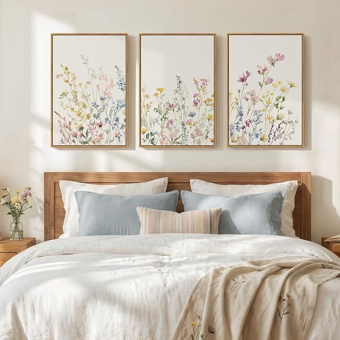 3 Piece Framed Watercolor Floral Canvas Wall Art for Bedroom, Large Botanical Wildflower Picture Prints Paintings, Pastel Farmhouse Flower Artwork Decor for Living Room Nursery Hallway 16x24 Inch