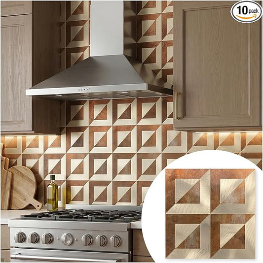 10-Sheets Stunning 3D Visuals Peel and Stick Backsplash Wall Tiles, PVC Mixed Metallic Look,Heat Resistant Stick on Tiles for Kitchen Wall, Bathroom, Laundry Room(Retro Brown + Light Gold)