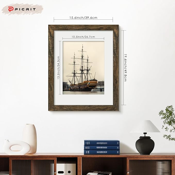 Picrit 16x20 Picture Frame 3 Pack, Wooden Brown Rustic Poster Frame, Display Poster 11 x 14 with Mat or 16 x 20 without Mat for Horizontal or Vertical Wall Mounting