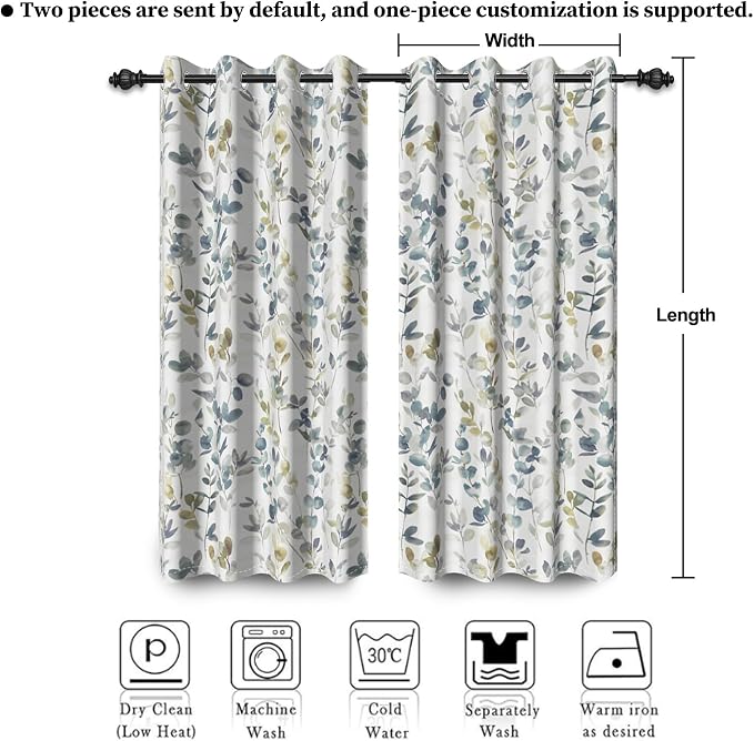 Renaiss Botanical Herbs Blackout Curtains, Vintage Eucalyptus Leaf Thermal Insulated Bedroom Window Curtains, Classical Gray Plants Window Drapes for Living Room, 108" L x 53" W 2 Panel Set