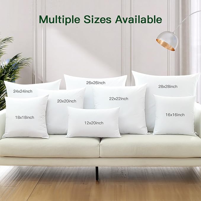 OTOSTAR Pack of 2 Down and Feather Throw Pillow Inserts, 22 x 22 Soft Fluffy Square Pillow Inserts with 100% Cotton Cover Decorative Pillows for Sofa Couch Bed-White