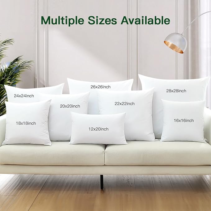 OTOSTAR Pack of 2 Down and Feather Throw Pillow Inserts, 26 x 26 Soft Fluffy Square Pillow Inserts with 100% Cotton Cover Decorative Pillows for Sofa Couch Bed-White