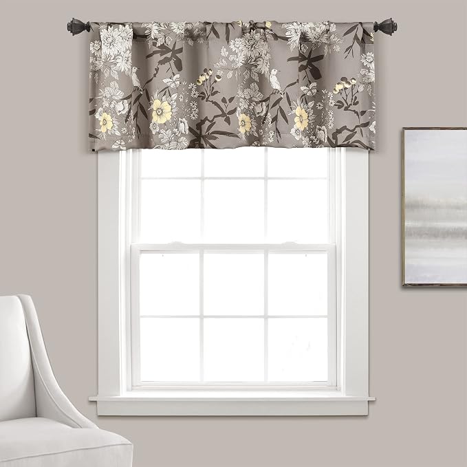 Lush Decor Botanical Garden Curtains Floral Bird Print Light Filtering Window Valance Drapes for Living, Dining, Bedroom, Gray, 52"W x 18L"