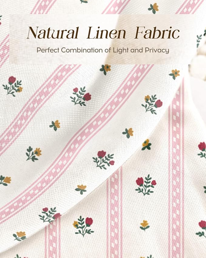 Miss Adola Farmhouse Kitchen Tier Curtains - 45 Inch Length Linen Blend Boho Floral Cafe Curtains Stripe Small Window Treatments Over Sink Rod Pocket for Bathroom Living Room Light Filtering, 2 Panels