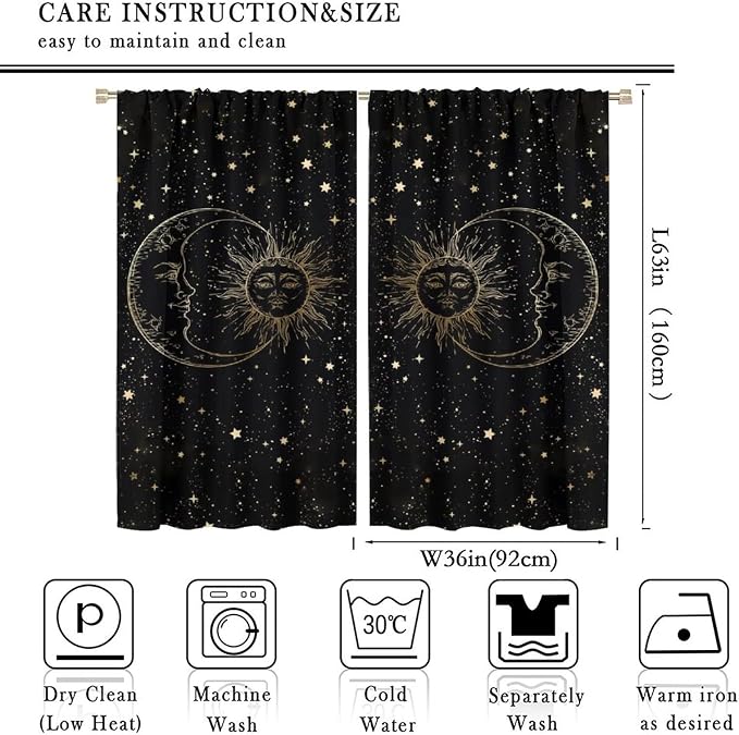 Sun Moon Blackout Windows Curtains, Golden Sun Moon and Stars Black Sky on Bohemian Style Curtains, for Living Room Bedroom 72x63in 2 Panels