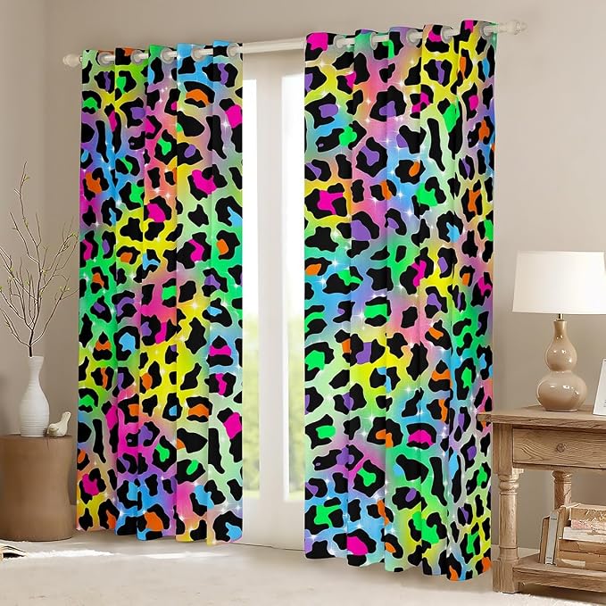 Feelyou Colourful Leopard Room Darkening Blackout Curtain Cheetah Curtains for Bedroom Living Room Boys Girls Animal Print Blackout Curtains (2 Panels, 52 x 84 Inch) Safari Window Treatments