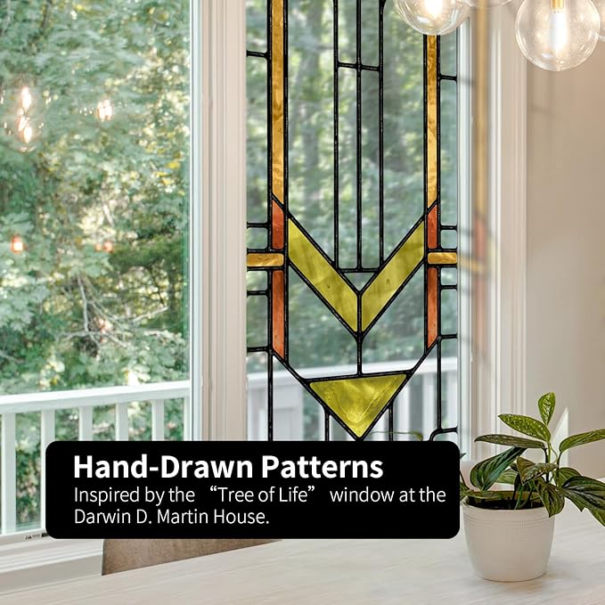 Faux Stained Glass Effect Transparent Window Film, Original Hand Drawn Static Cling Home Decal Inspired by Frank Lloyd Wright, 16.93" x84.65" Martin House, Boho