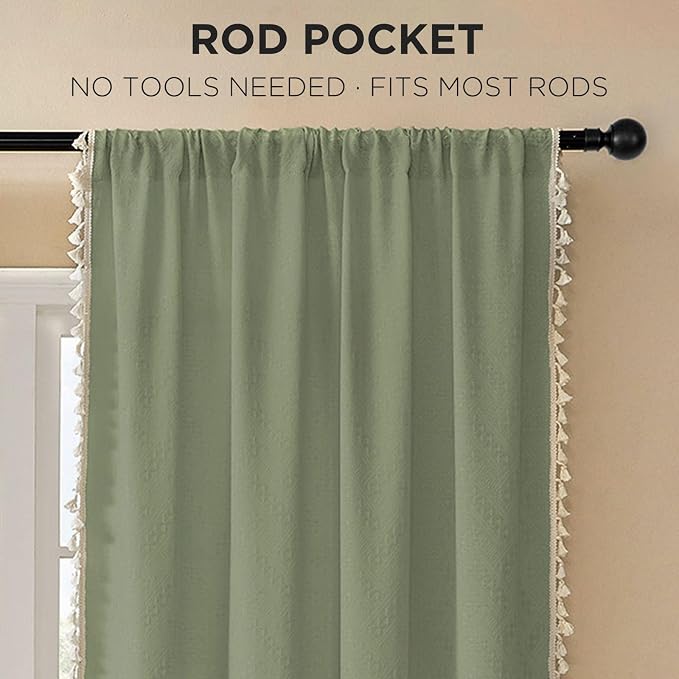 Joydeco Sage Green Boho Curtains 108 Inches Long 2 Panels, Super Soft Bohemian Farmhouse Curtains with Tassels, Semi Sheer Light Filtering Drapes for Bedroom Living Room (Rod Pocket, 52Wx108L)