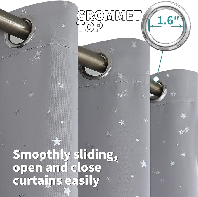 BGment Light Grey Star Blackout Curtains for Kid's Bedroom - Grommet Thermal Insulated Room Darkening Printed Curtains for Living Room, Set of 2 Panels (52 x 63 Inch, Light Grey)