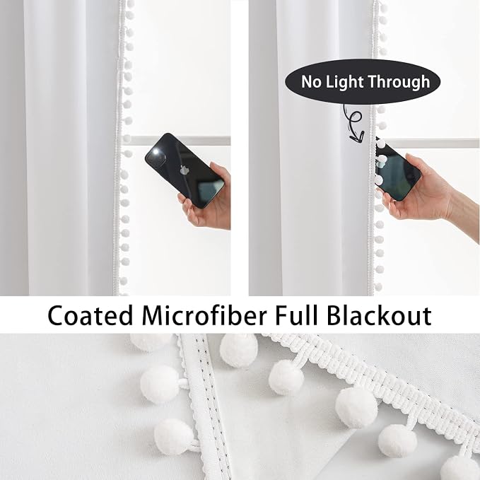 Treatmentex White Blackout Curtains for Bedroom Pom-Pom Thermal Insulated Full Blackout Window Drapes 63inch Length Curtain Panels for Kids Guest Room Hotel 52" Wx 2pcs