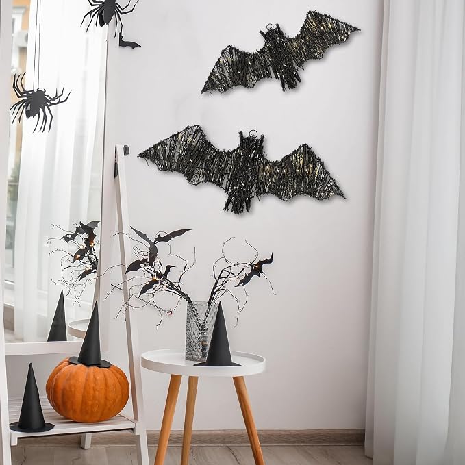 Glooglitter 2 Pack Rattan Bats with Hanging Loops Halloween Lights 3D Lit Woven Bats with Timer Remote for Rustic Modern Farmhouse Decorations