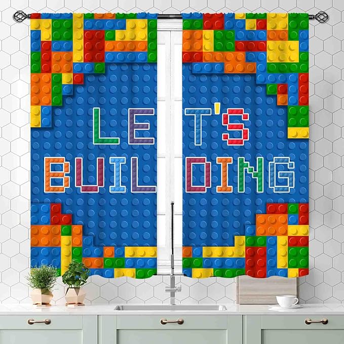 Kids Boys Curtains for Bedroom, Colorful Building Blocks Plastic Brick Pattern Abstract Contour Printed Blue Blackout Drapes for Boys Room Living Room Nursery Party Decor, 55x39 Inch